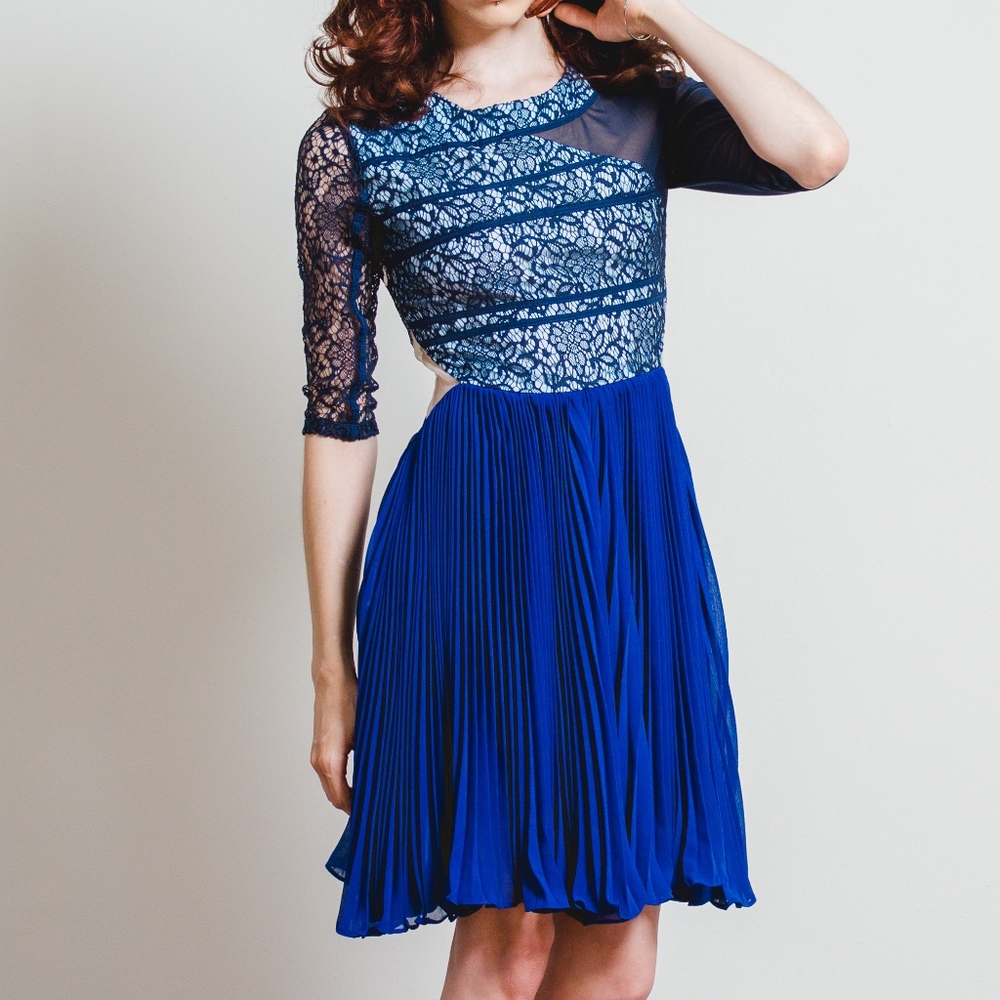 Lace Pleated Royal Blue Dress